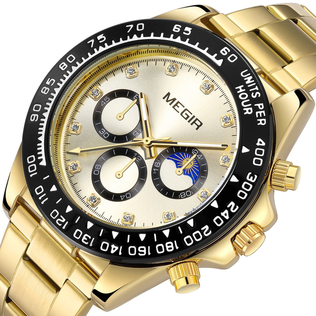 MEGIR 1095 men's multifunction watch, gold dial with sub-dials and moon phase on a gold steel bracelet, angled view