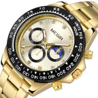 MEGIR 1095 men's multifunction watch, gold dial with sub-dials and moon phase on a gold steel bracelet, angled view