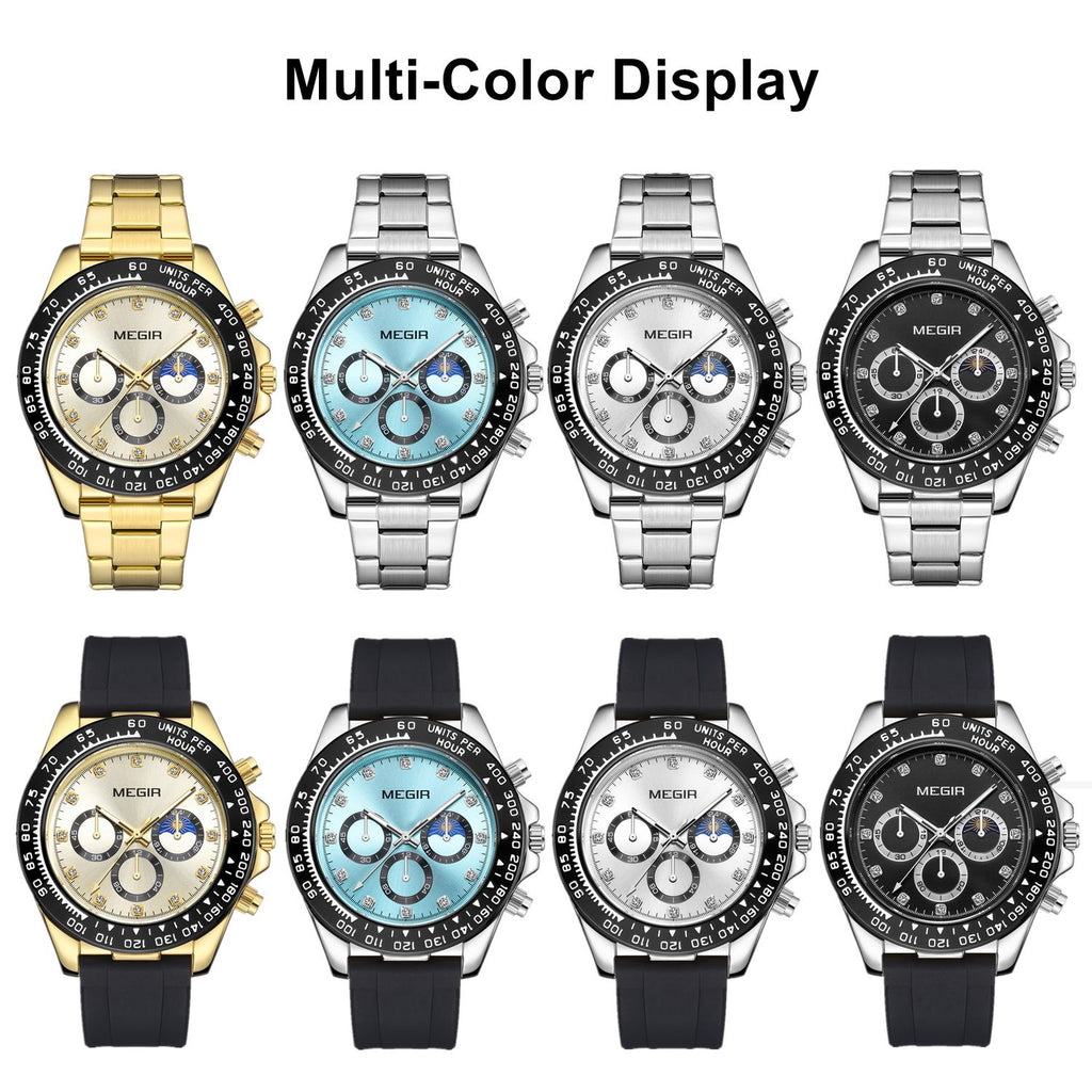 MEGIR 1095 men's multifunction watch color range in gold, turquoise, silver and black dials on steel and silicone