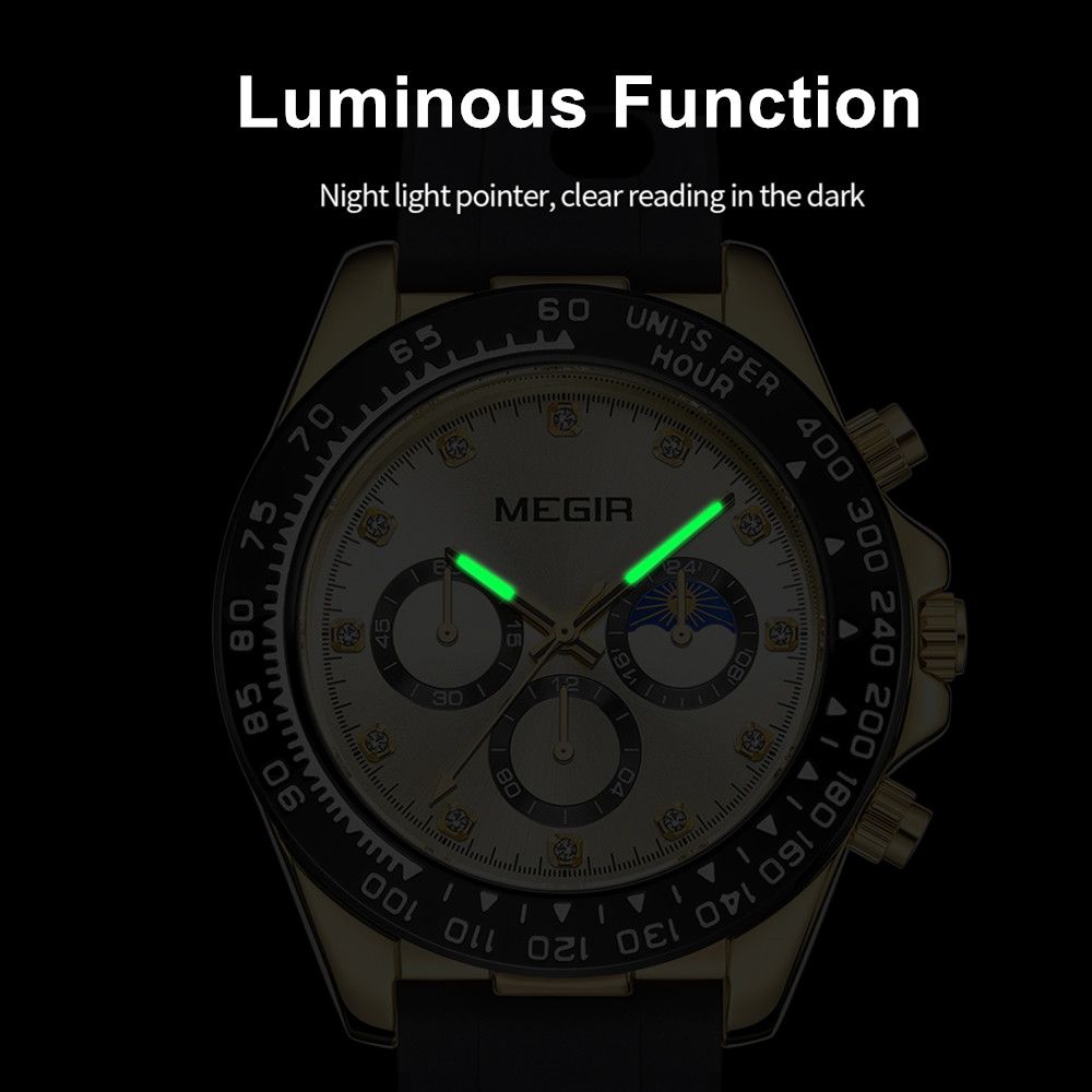 MEGIR 1095 men's multifunction watch feature graphic showing luminous hands glowing in the dark