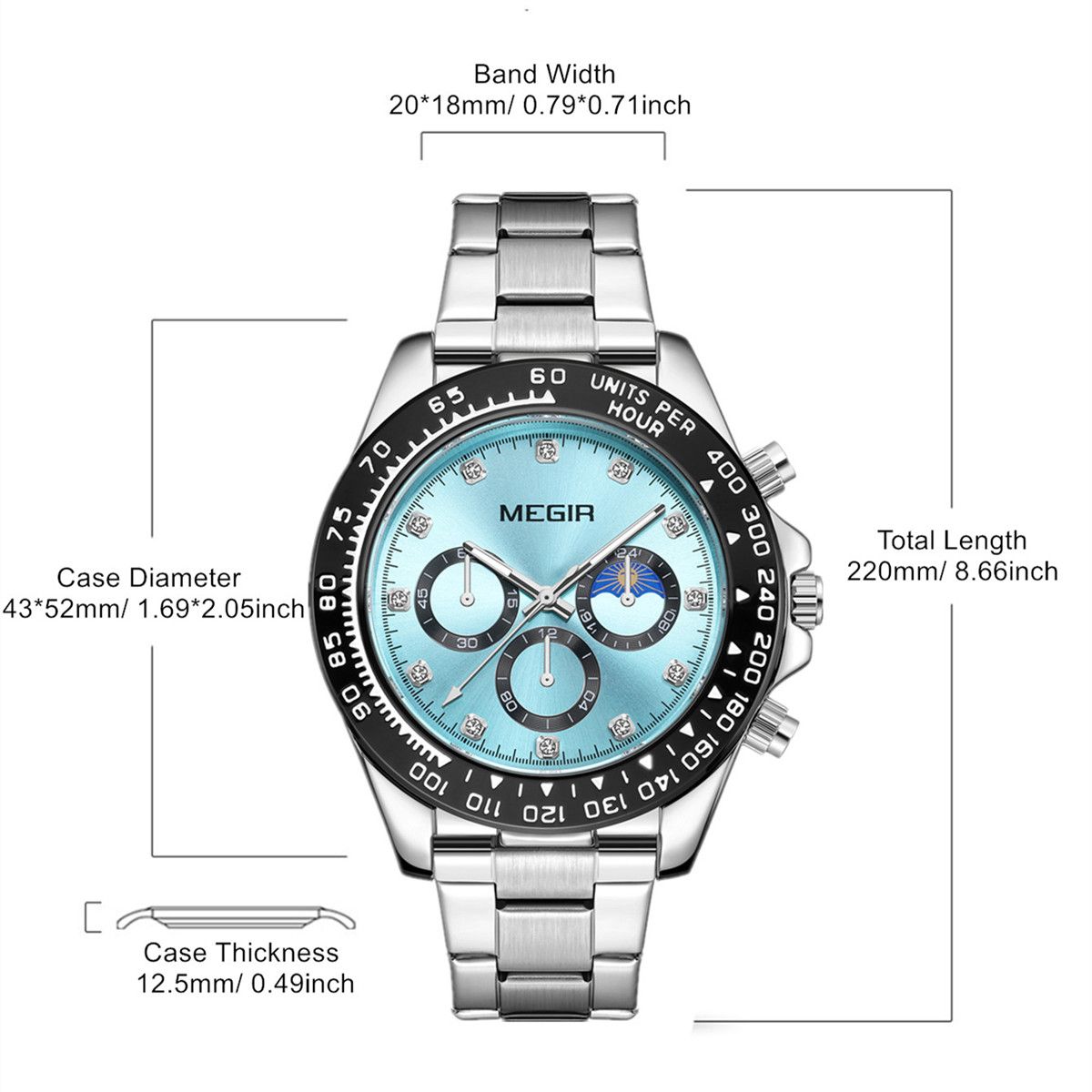 MEGIR 1095 men's multifunction watch parameters graphic with case diameter, thickness and band length