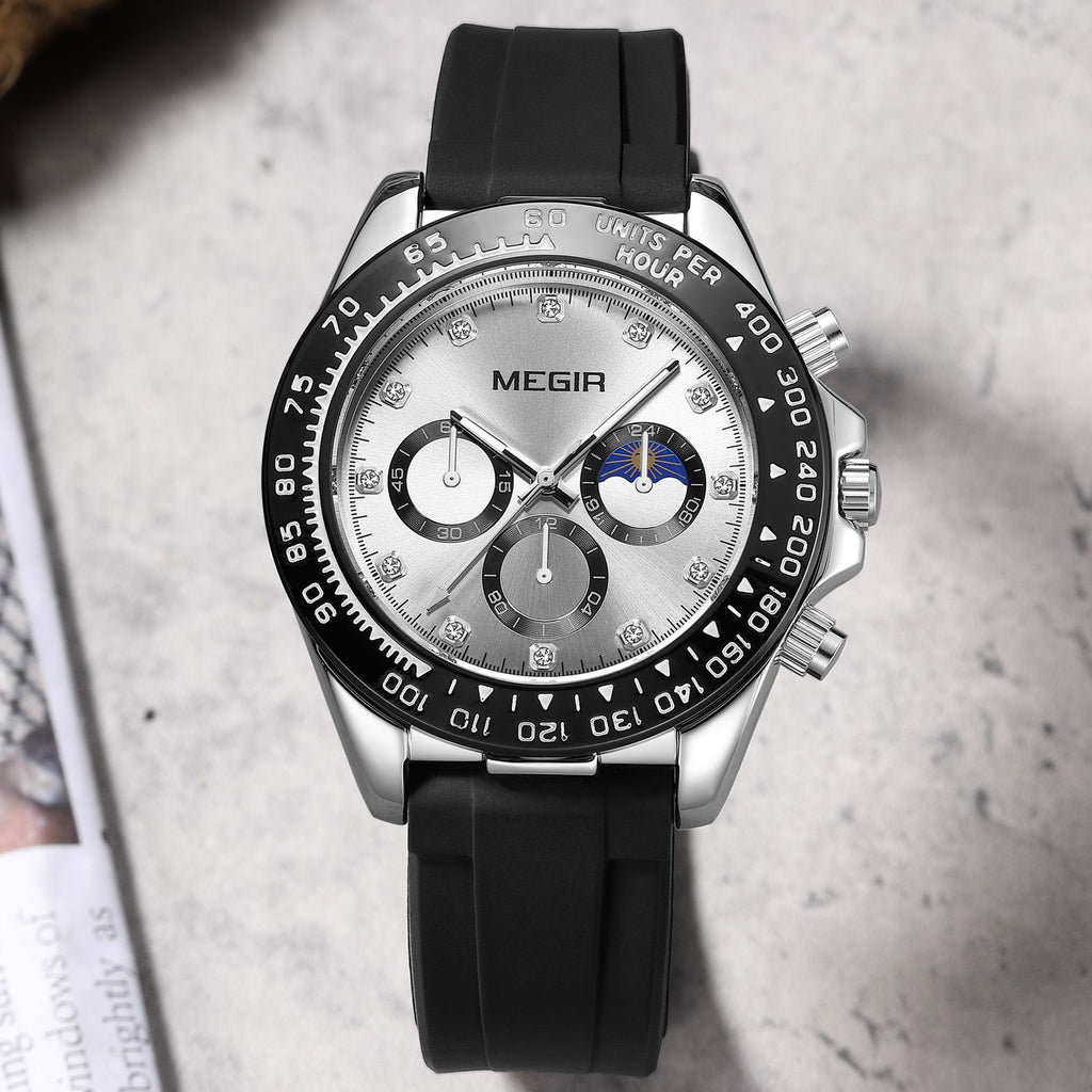 MEGIR 1095 men's multifunction watch, silver dial with sub-dials and moon phase on a black silicone strap, front view
