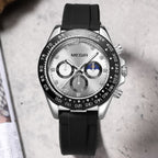 MEGIR 1095 men's multifunction watch, silver dial with sub-dials and moon phase on a black silicone strap, front view