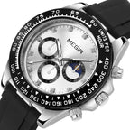 MEGIR 1095 men's multifunction watch, silver dial with sub-dials and moon phase on a black silicone strap, angled view