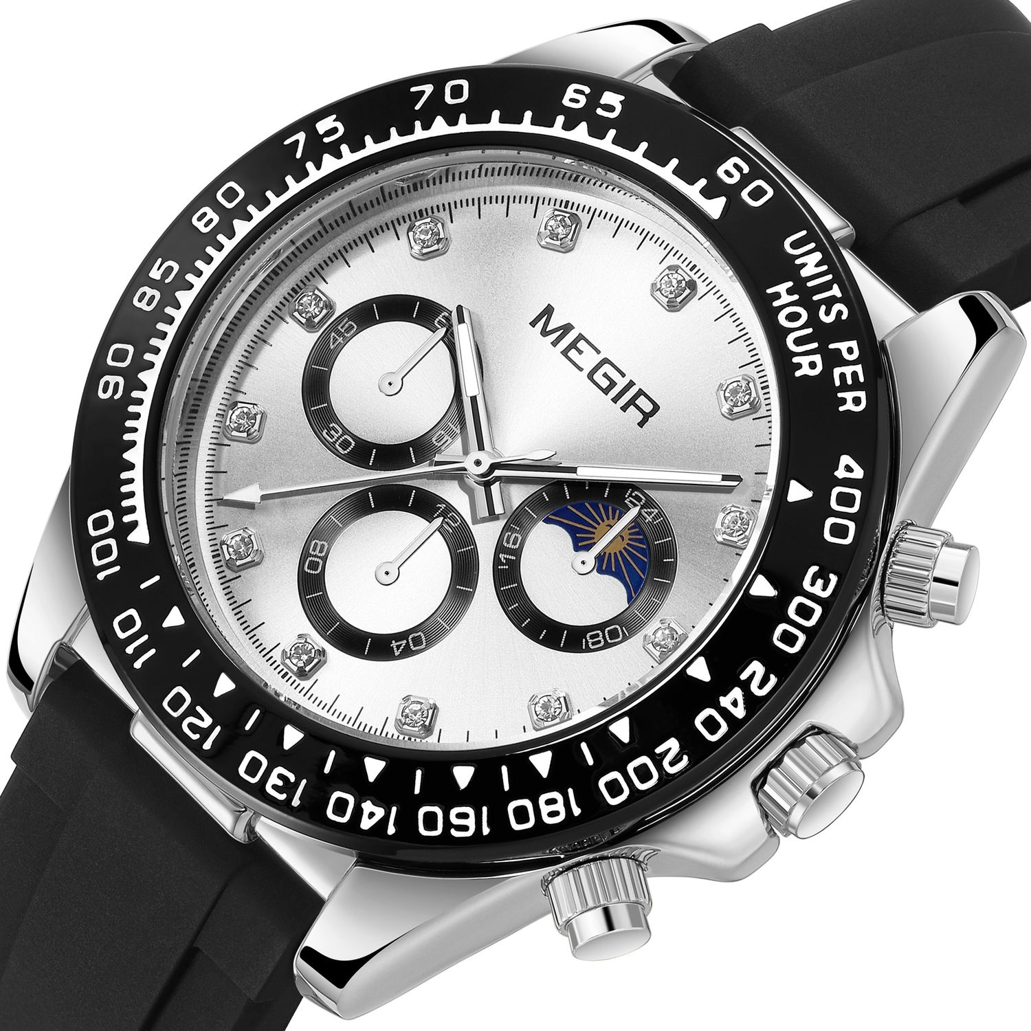 MEGIR 1095 men's multifunction watch, silver dial with sub-dials and moon phase on a black silicone strap, angled view