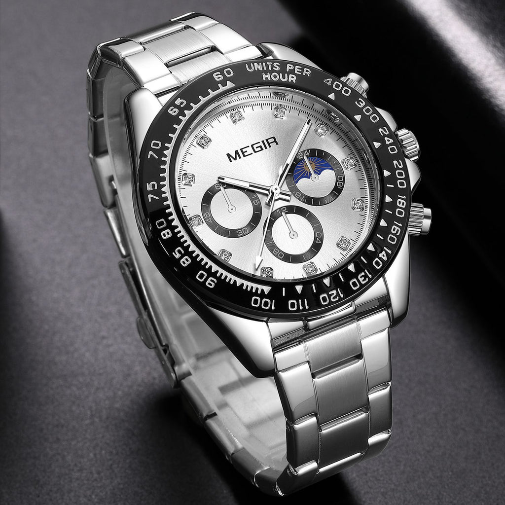 MEGIR 1095 men's multifunction watch, silver dial with three sub-dials and moon phase on a steel bracelet, front view