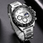 MEGIR 1095 men's multifunction watch, silver dial with three sub-dials and moon phase on a steel bracelet, front view