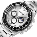 MEGIR 1095 men's multifunction watch, silver dial with sub-dials and moon phase on a steel bracelet, angled view