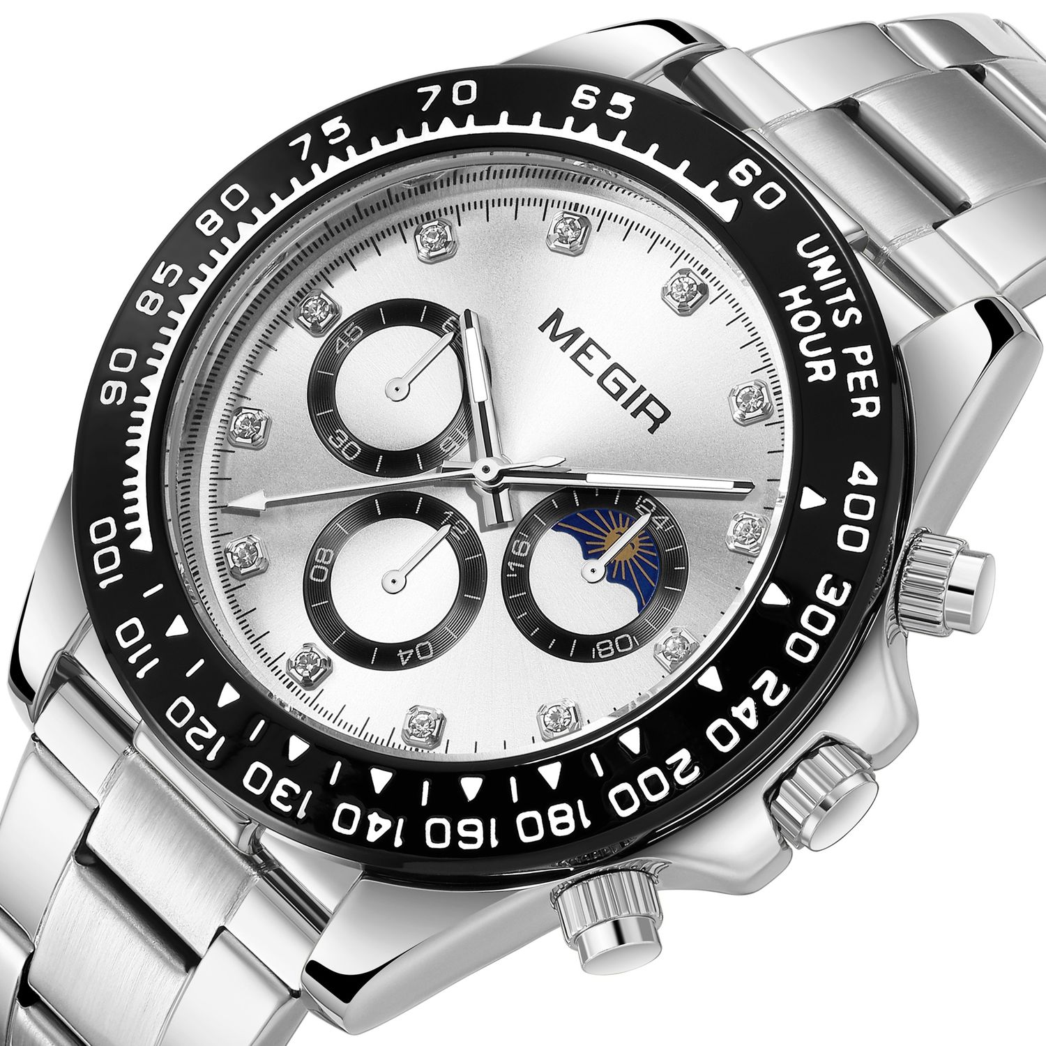 MEGIR 1095 men's multifunction watch, silver dial with sub-dials and moon phase on a steel bracelet, angled view