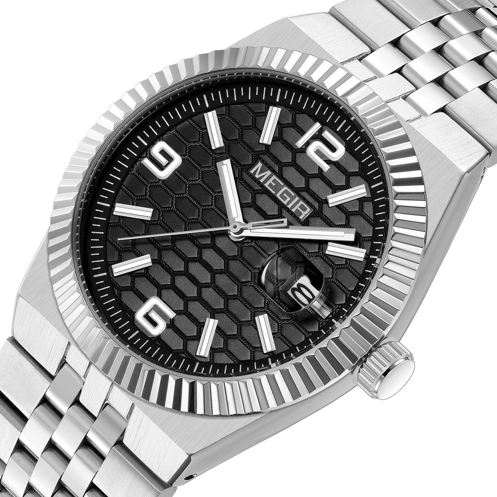 MEGIR 1101 men's dress watch, steel case with black honeycomb dial and fluted bezel, three-quarter view