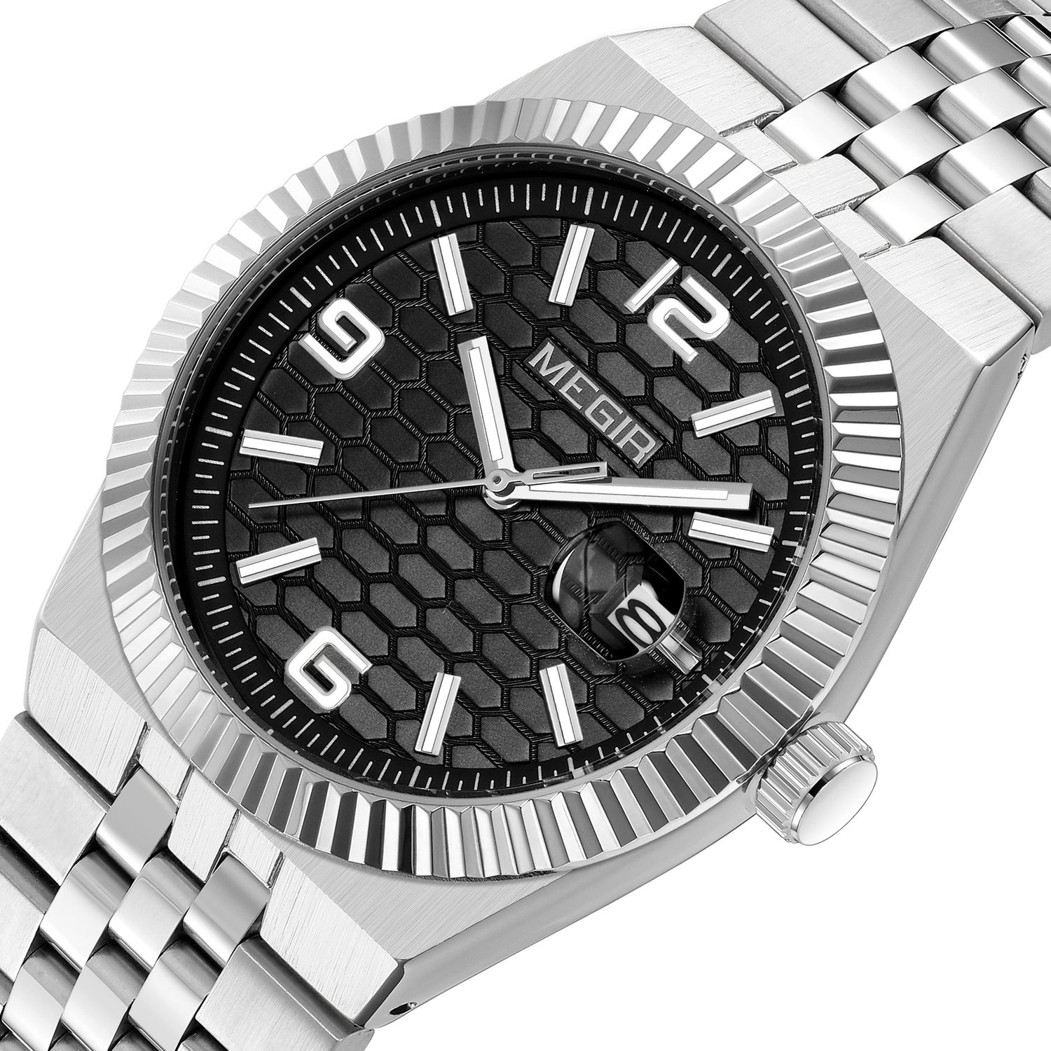 MEGIR 1101 men's dress watch, steel case with black honeycomb dial and fluted bezel, three-quarter view