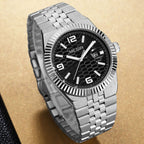 MEGIR 1101 men's dress watch, steel case with black honeycomb dial, fluted bezel and steel bracelet, angled view