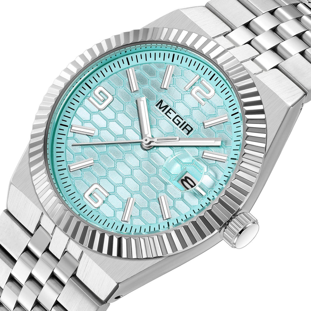 MEGIR 1101 men's dress watch, steel case with turquoise-blue dial, fluted bezel and steel bracelet, three-quarter view