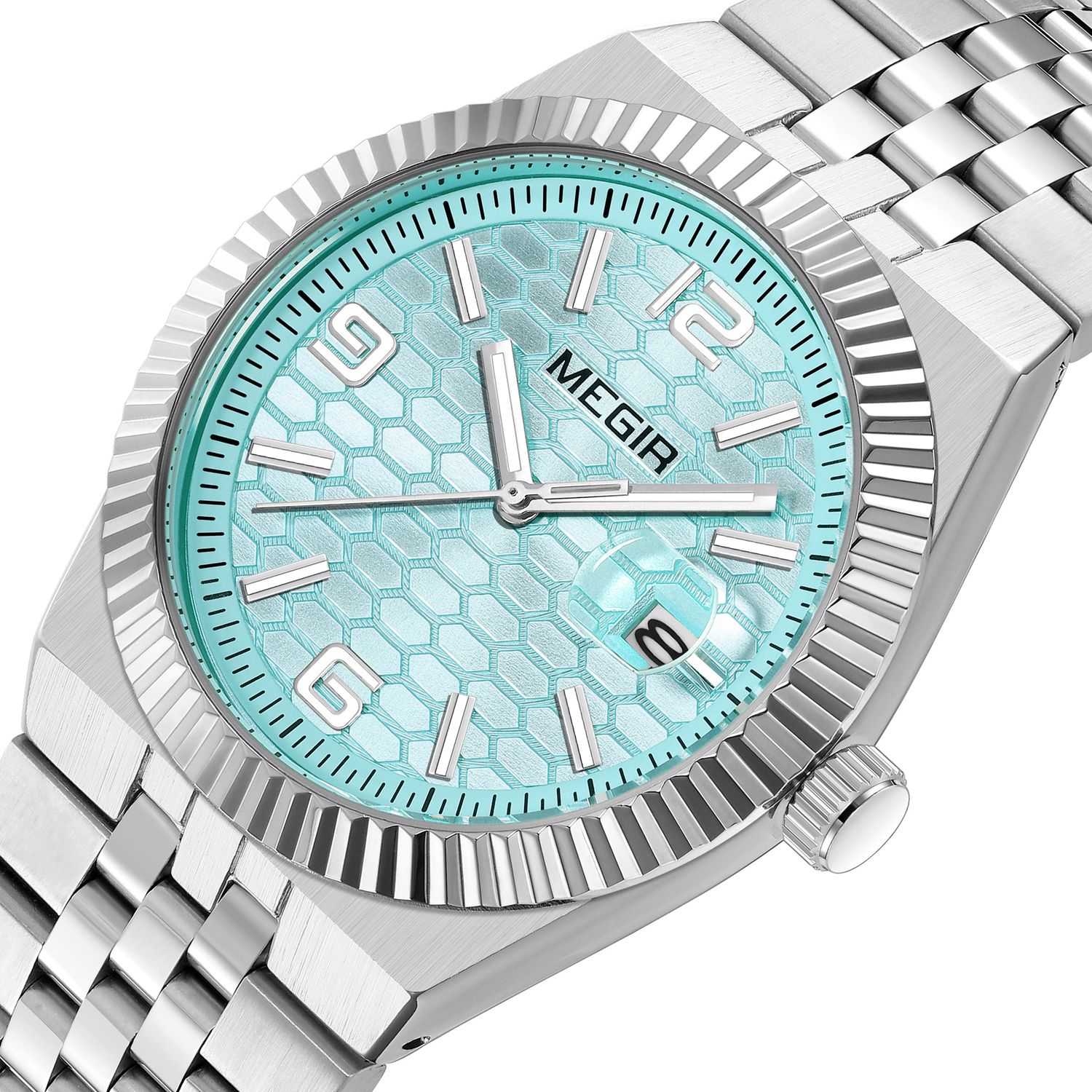 MEGIR 1101 men's dress watch, steel case with turquoise-blue dial, fluted bezel and steel bracelet, three-quarter view