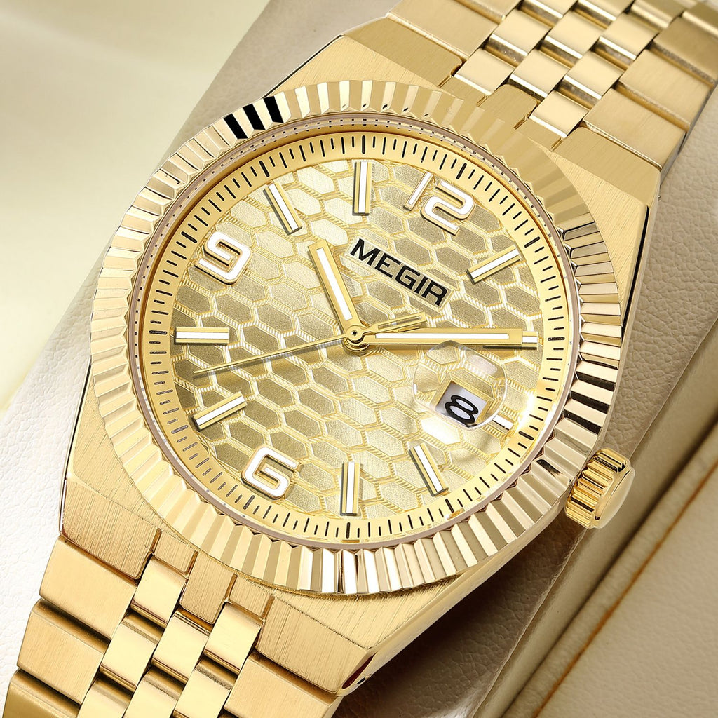 MEGIR 1101 men's dress watch, all-gold case with gold honeycomb dial, fluted bezel and jubilee-style bracelet