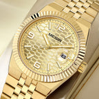 MEGIR 1101 men's dress watch, all-gold case with gold honeycomb dial, fluted bezel and jubilee-style bracelet