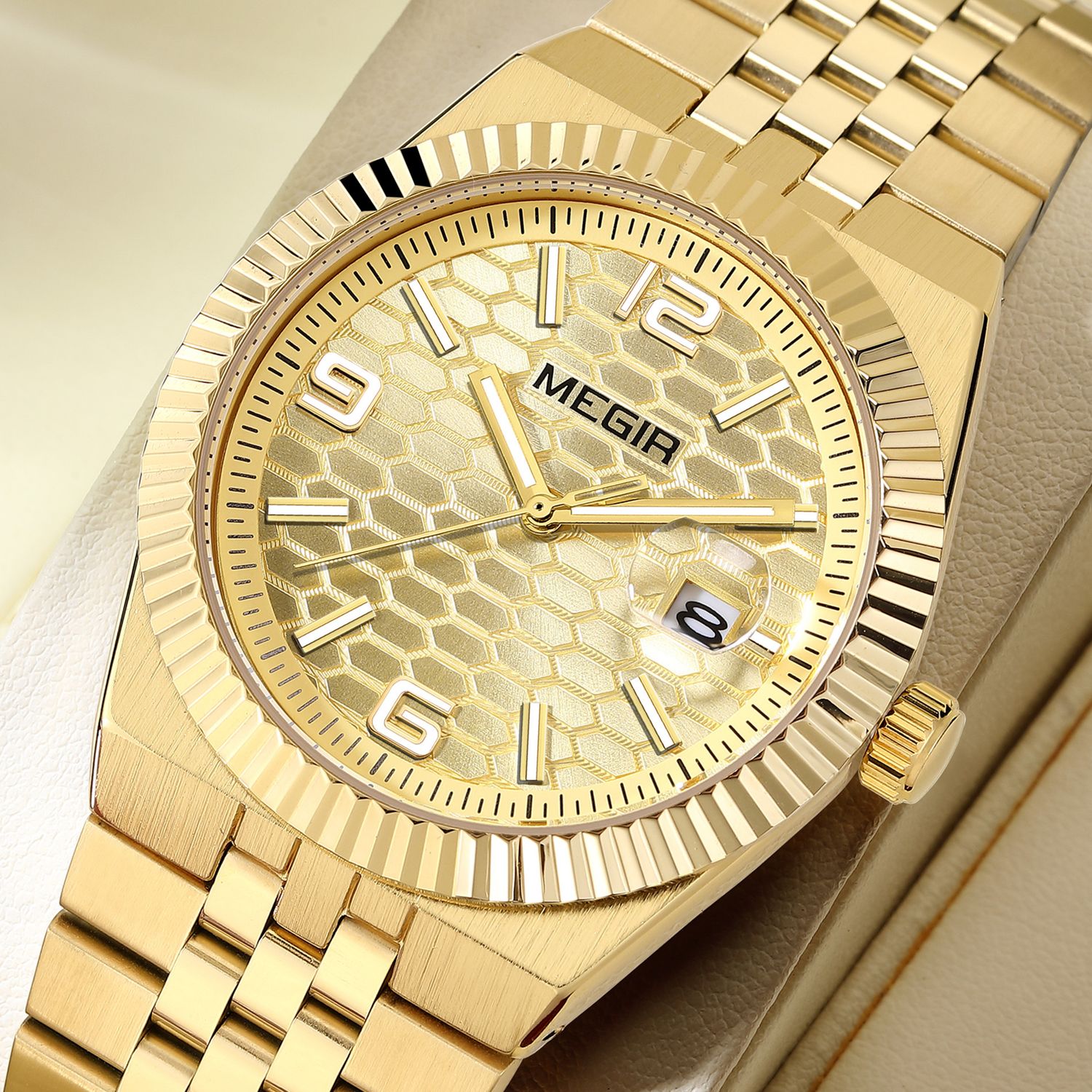 MEGIR 1101 men's dress watch, all-gold case with gold honeycomb dial, fluted bezel and jubilee-style bracelet