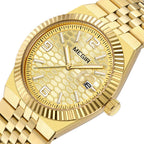 MEGIR 1101 men's dress watch, all-gold case with gold honeycomb dial and fluted bezel, three-quarter view