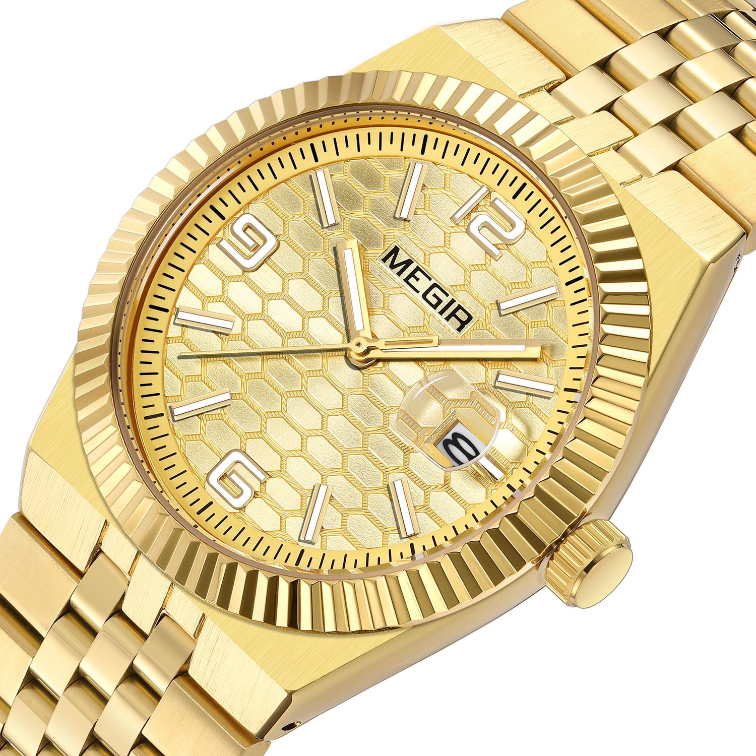 MEGIR 1101 men's dress watch, all-gold case with gold honeycomb dial and fluted bezel, three-quarter view