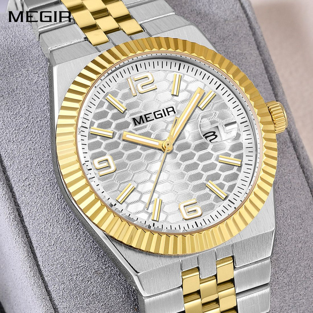 MEGIR 1101 men's dress watch, two-tone gold and steel case with silver honeycomb dial and fluted bezel, front view