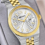 MEGIR 1101 men's dress watch, two-tone gold and steel case with silver honeycomb dial and fluted bezel, front view
