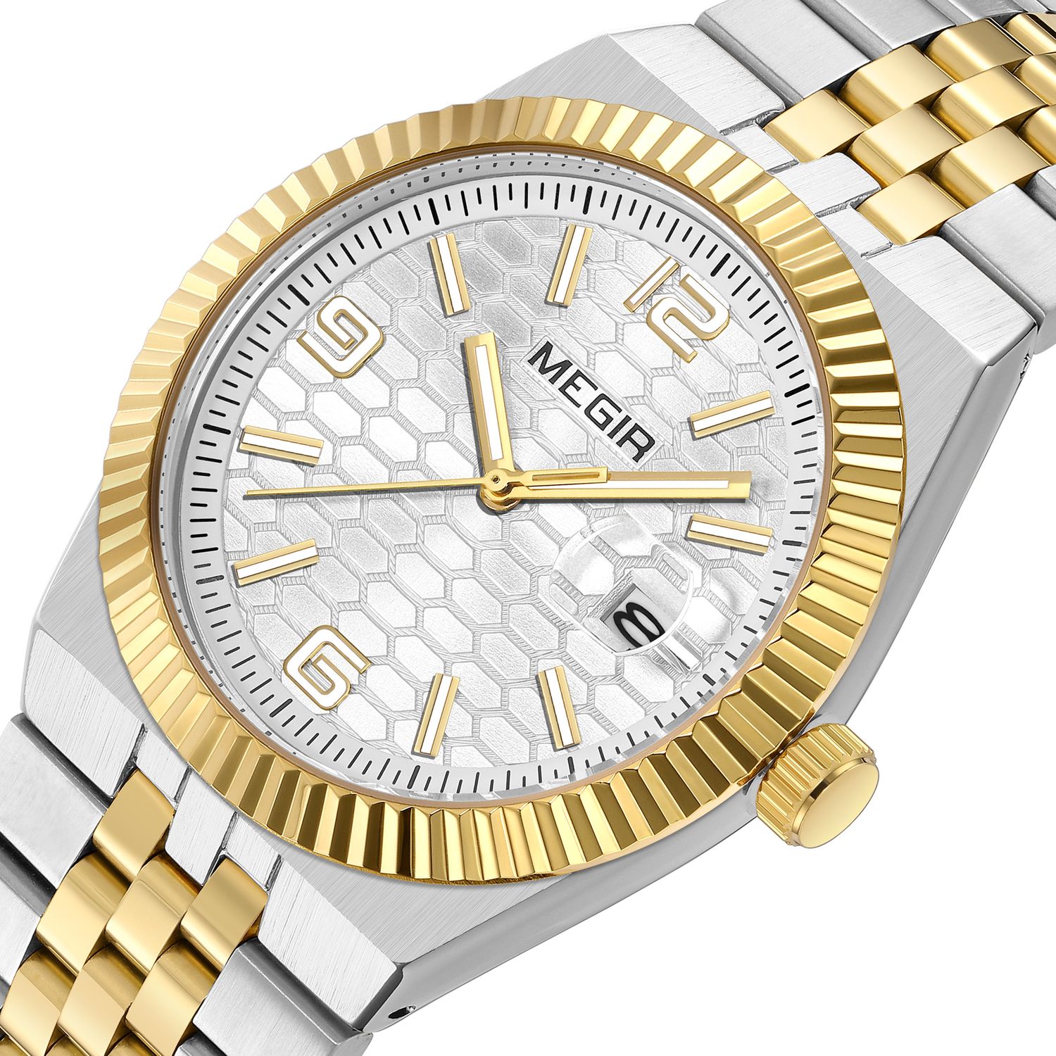 MEGIR 1101 men's dress watch, two-tone gold and steel case with silver dial and fluted bezel, three-quarter view