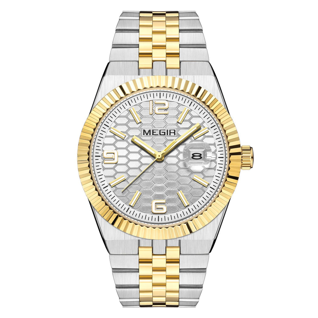 MEGIR 1101 men's dress watch, two-tone gold and steel case with silver honeycomb dial and fluted bezel, studio front view