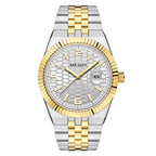 MEGIR 1101 men's dress watch, two-tone gold and steel case with silver honeycomb dial and fluted bezel, studio front view