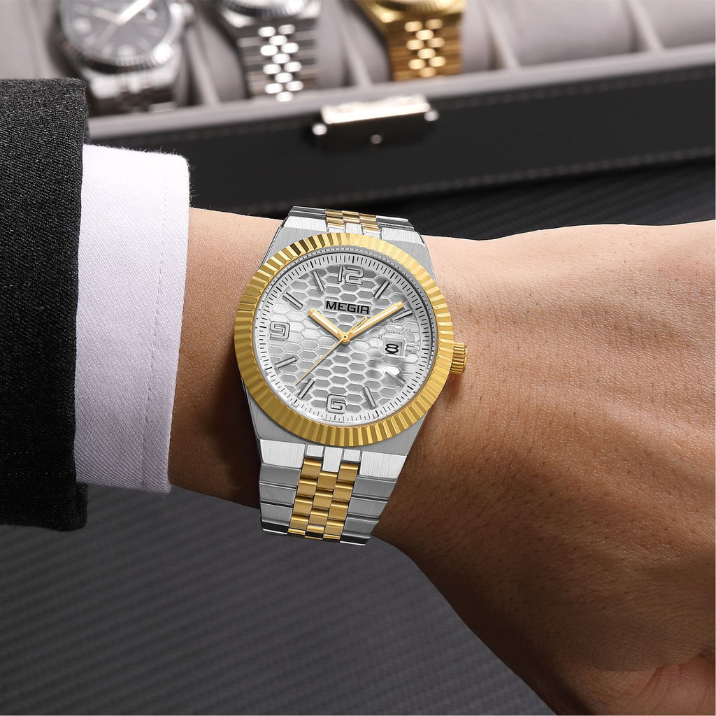 MEGIR 1101 men's dress watch on the wrist, two-tone gold and steel case with silver dial and fluted bezel