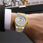 MEGIR 1101 men's dress watch on the wrist, two-tone gold and steel case with silver dial and fluted bezel