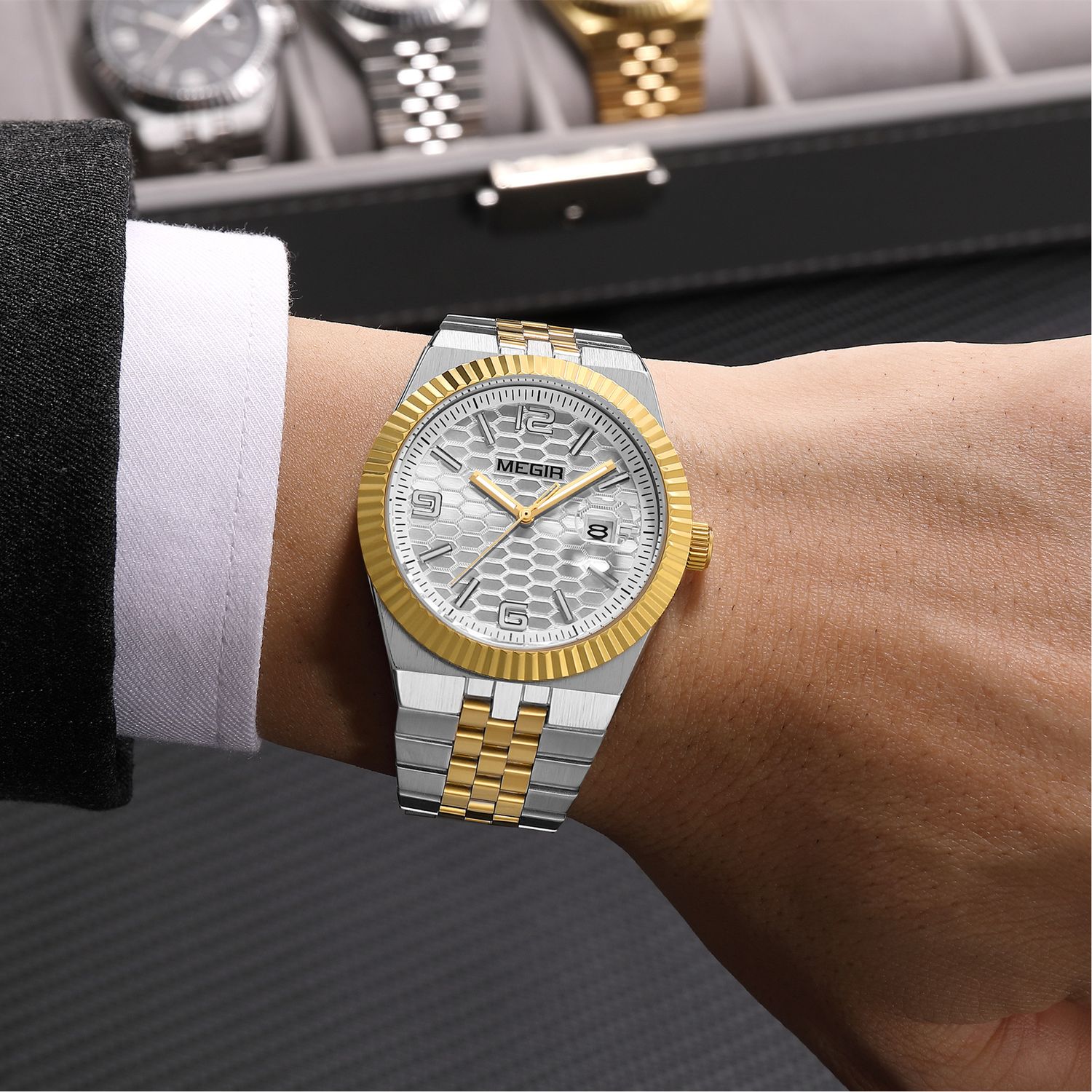 MEGIR 1101 men's dress watch on the wrist, two-tone gold and steel case with silver dial and fluted bezel