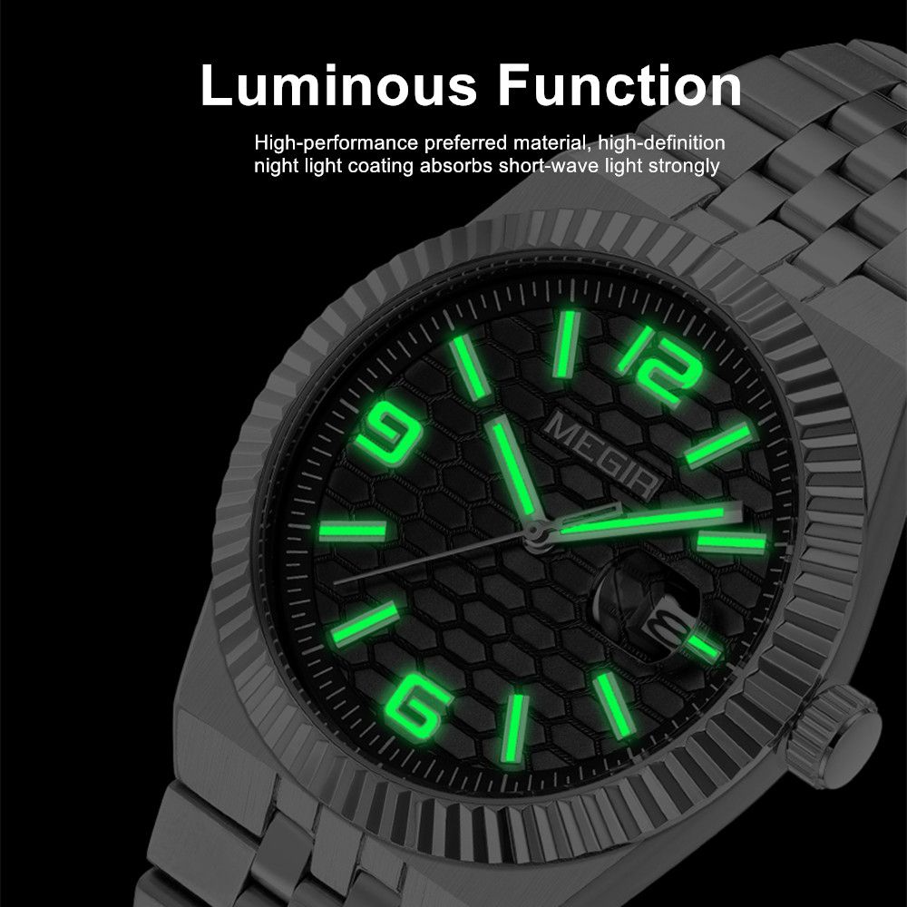 MEGIR 1101 men's dress watch feature graphic showing luminous hands and markers glowing in the dark
