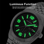 MEGIR 1101 men's dress watch feature graphic showing luminous hands and markers glowing in the dark