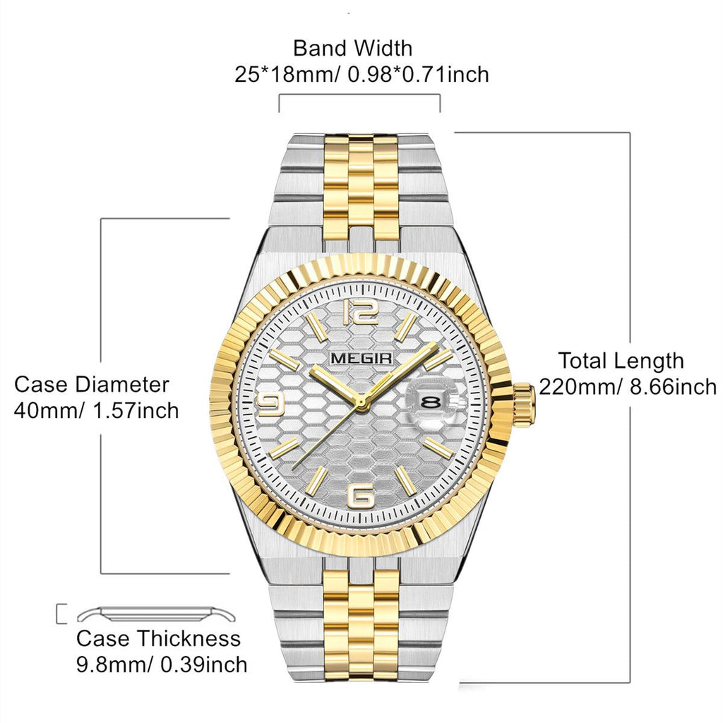 MEGIR 1101 men's dress watch parameters graphic with case diameter, thickness and band length