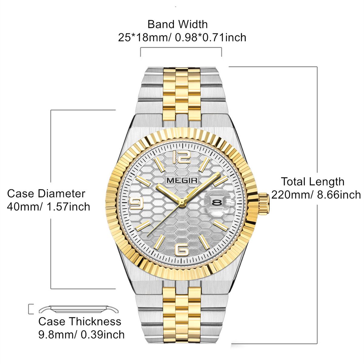 MEGIR 1101 men's dress watch parameters graphic with case diameter, thickness and band length