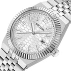 MEGIR 1101 men's dress watch, steel case with silver honeycomb dial and fluted bezel, three-quarter view