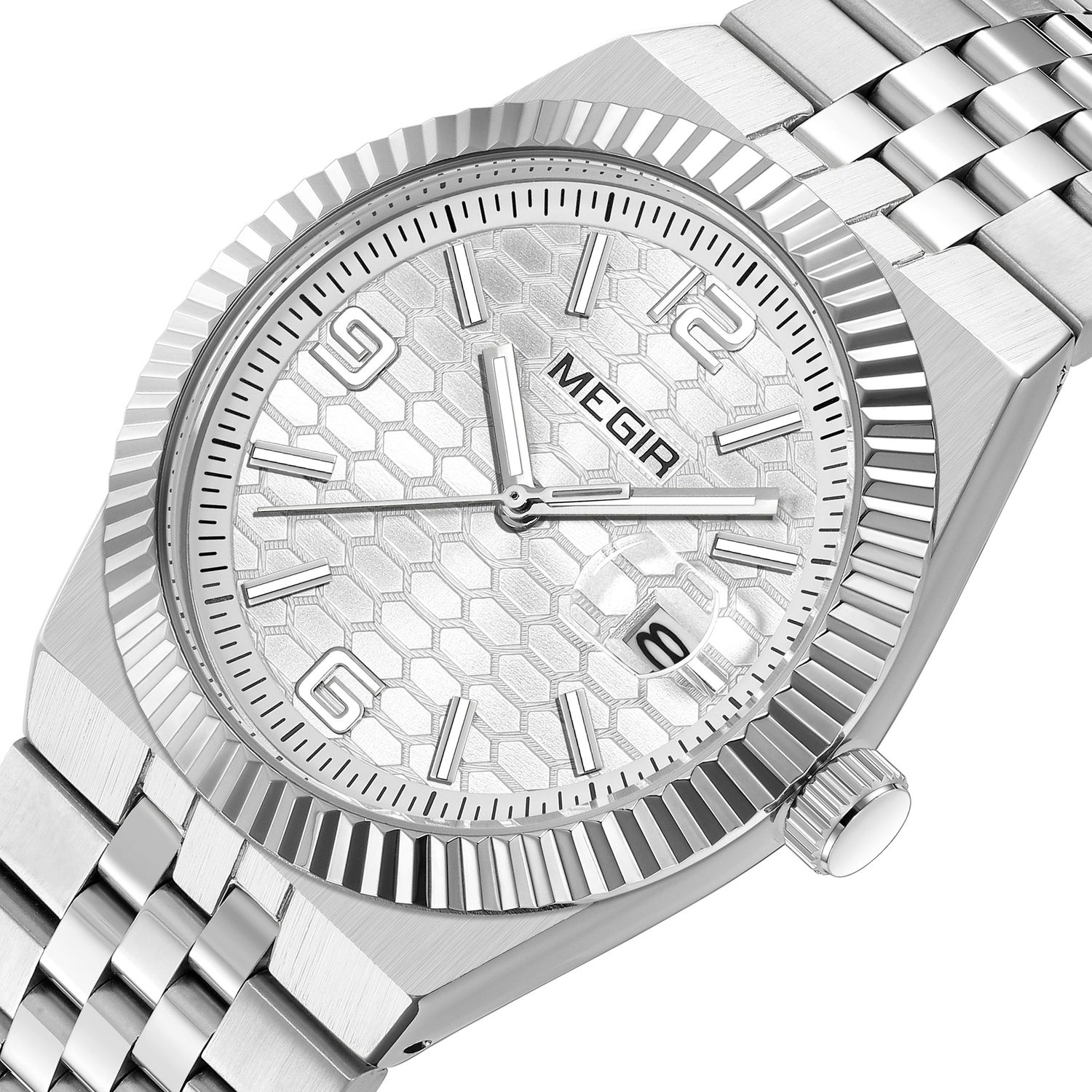 MEGIR 1101 men's dress watch, steel case with silver honeycomb dial and fluted bezel, three-quarter view