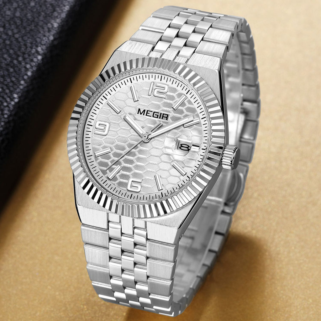 MEGIR 1101 men's dress watch, steel case with silver honeycomb dial, fluted bezel and steel bracelet, angled view