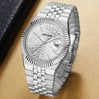MEGIR 1101 men's dress watch, steel case with silver honeycomb dial, fluted bezel and steel bracelet, angled view