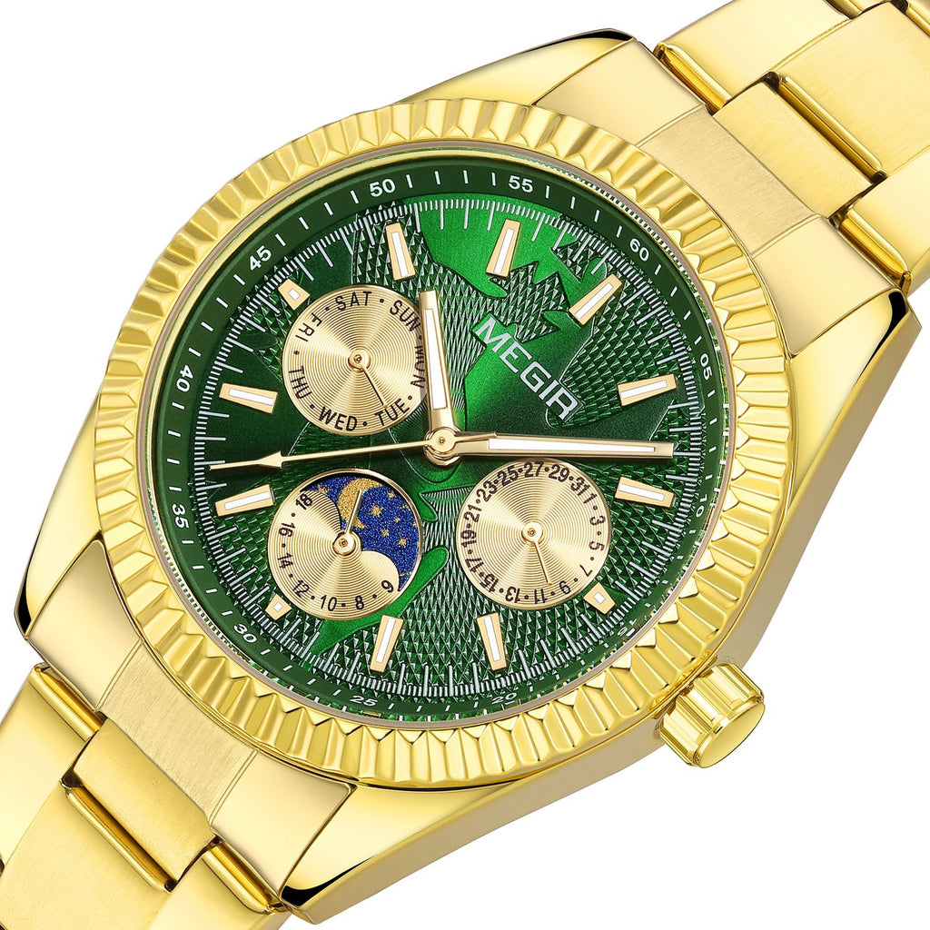 MEGIR 1102 men's multifunction watch, gold case with green moon-phase dial and gold steel bracelet, three-quarter view