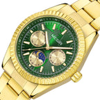 MEGIR 1102 men's multifunction watch, gold case with green moon-phase dial and gold steel bracelet, three-quarter view