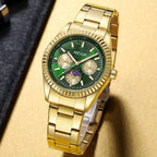 MEGIR 1102 men's multifunction watch, gold case with green moon-phase dial and gold steel bracelet, angled view