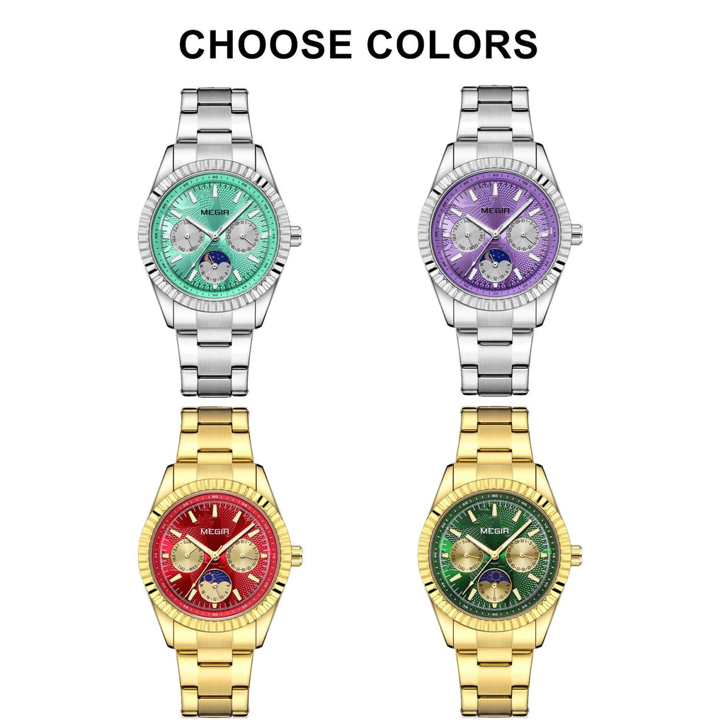 MEGIR 1102 men's multifunction watch color range with turquoise, purple, red and green moon-phase dials
