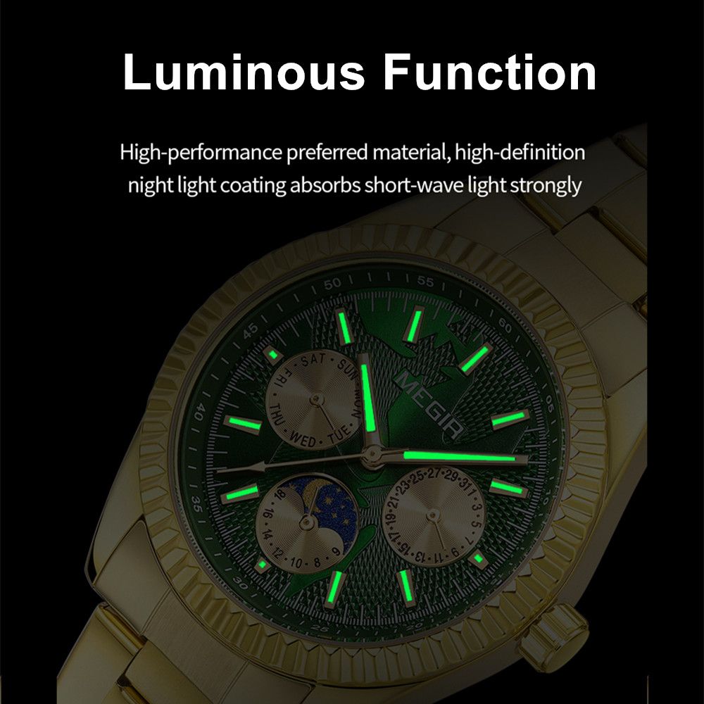 MEGIR 1102 men's multifunction watch feature graphic showing luminous hands and markers glowing in the dark