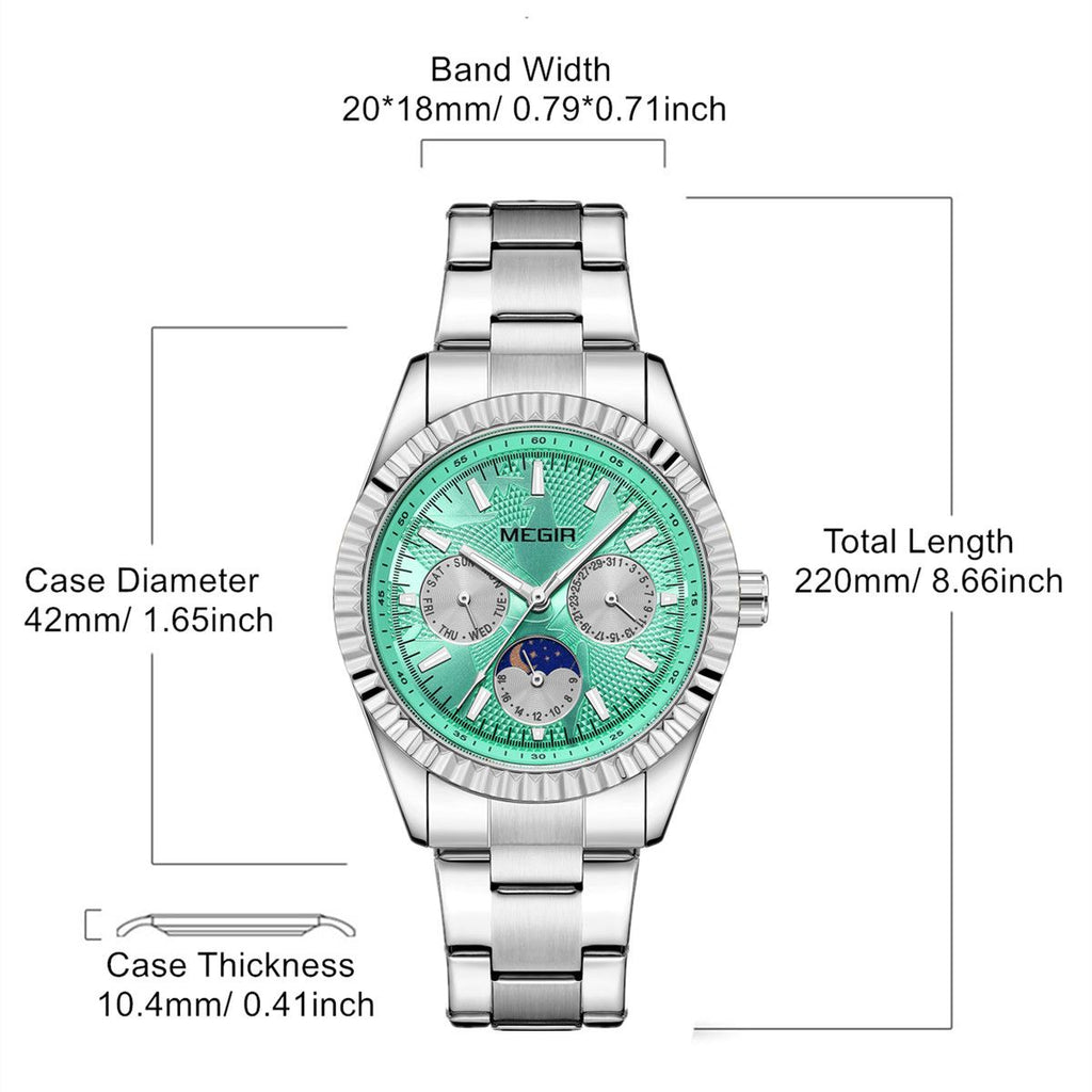 MEGIR 1102 men's multifunction watch parameters graphic with case diameter, thickness and band length