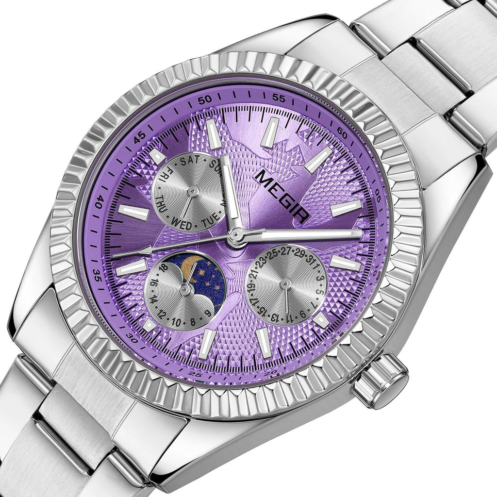 MEGIR 1102 men's multifunction watch, silver case with purple moon-phase dial and steel bracelet, three-quarter view