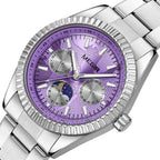 MEGIR 1102 men's multifunction watch, silver case with purple moon-phase dial and steel bracelet, three-quarter view