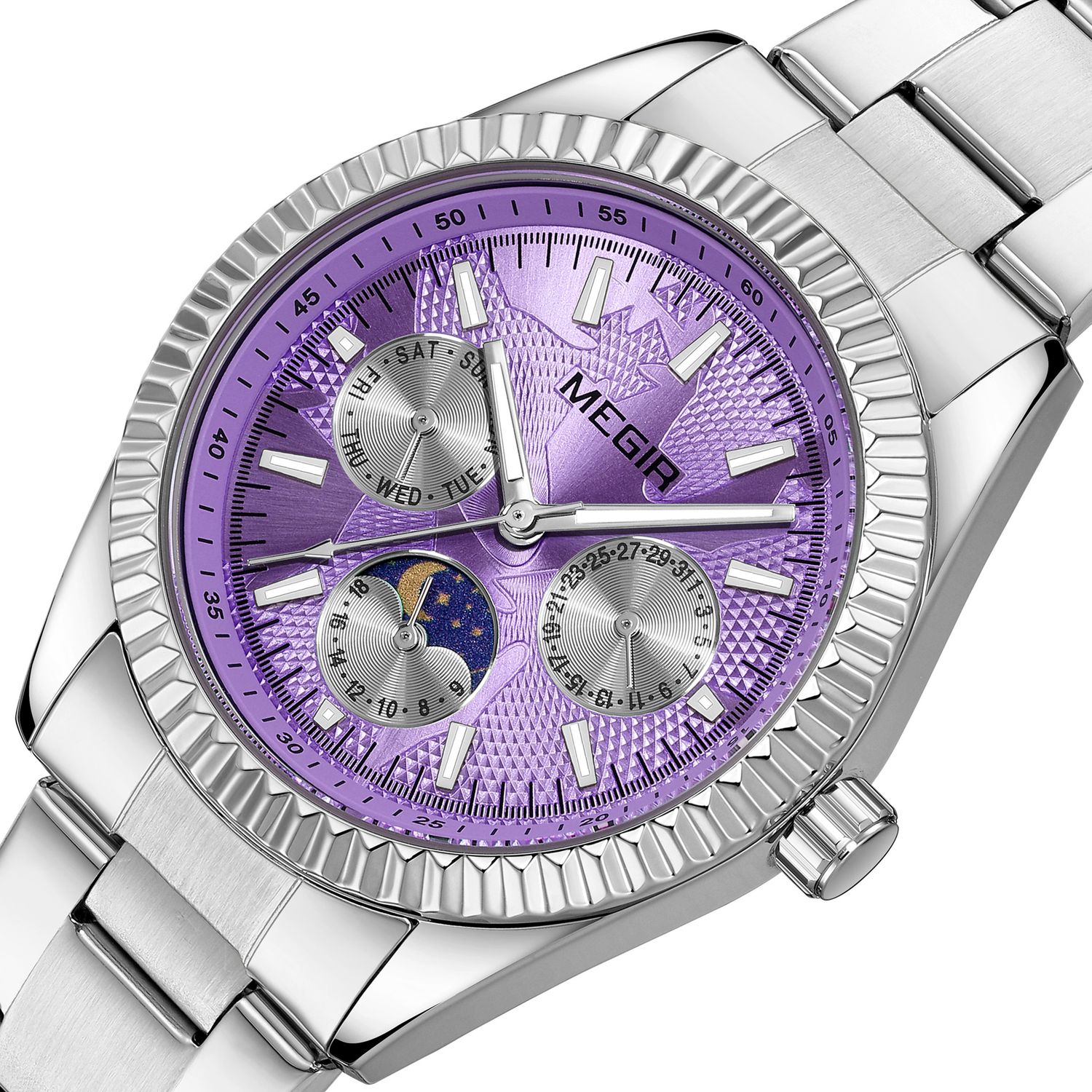 MEGIR 1102 men's multifunction watch, silver case with purple moon-phase dial and steel bracelet, three-quarter view