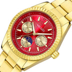 MEGIR 1102 men's multifunction watch, gold case with red moon-phase dial and gold steel bracelet, three-quarter view
