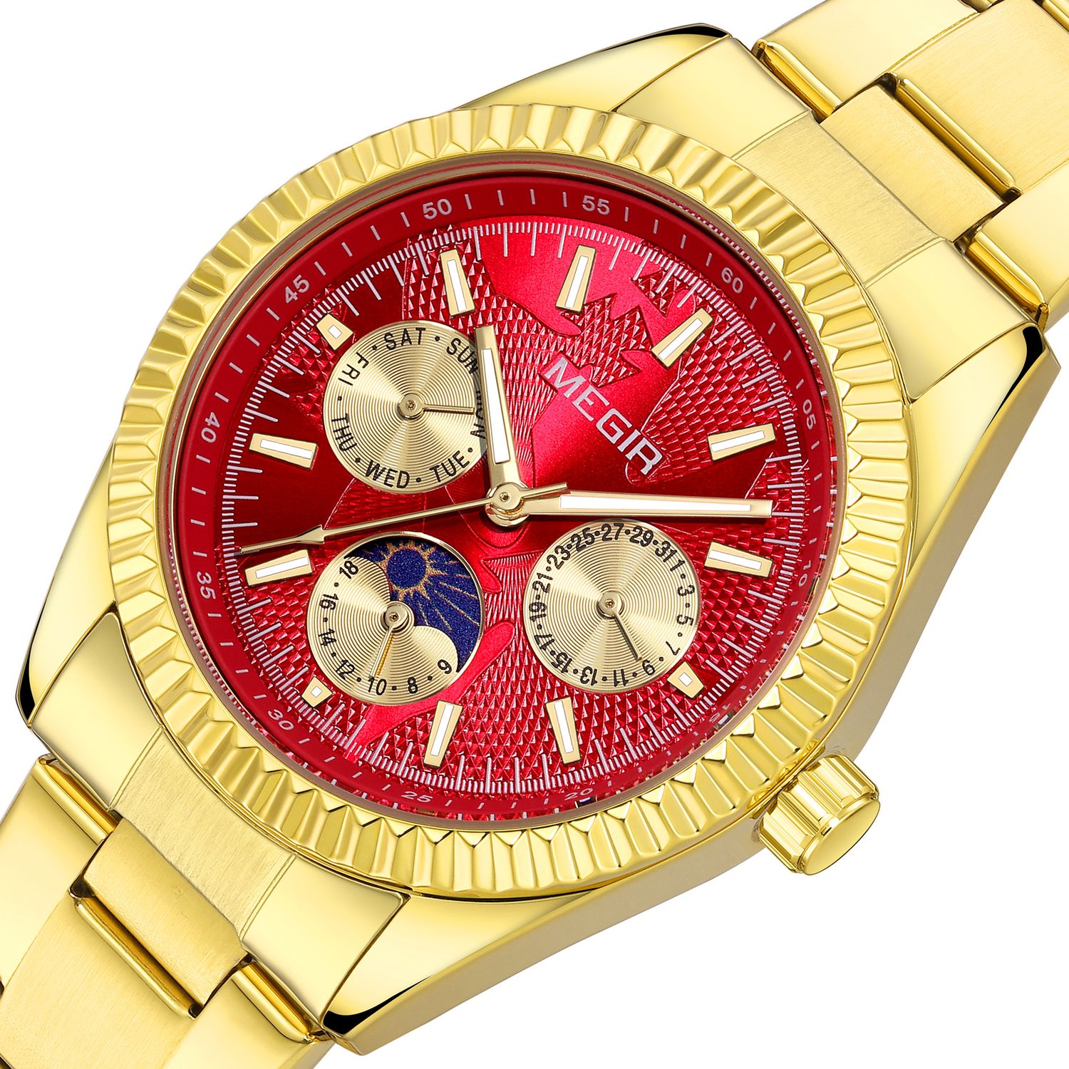 MEGIR 1102 men's multifunction watch, gold case with red moon-phase dial and gold steel bracelet, three-quarter view